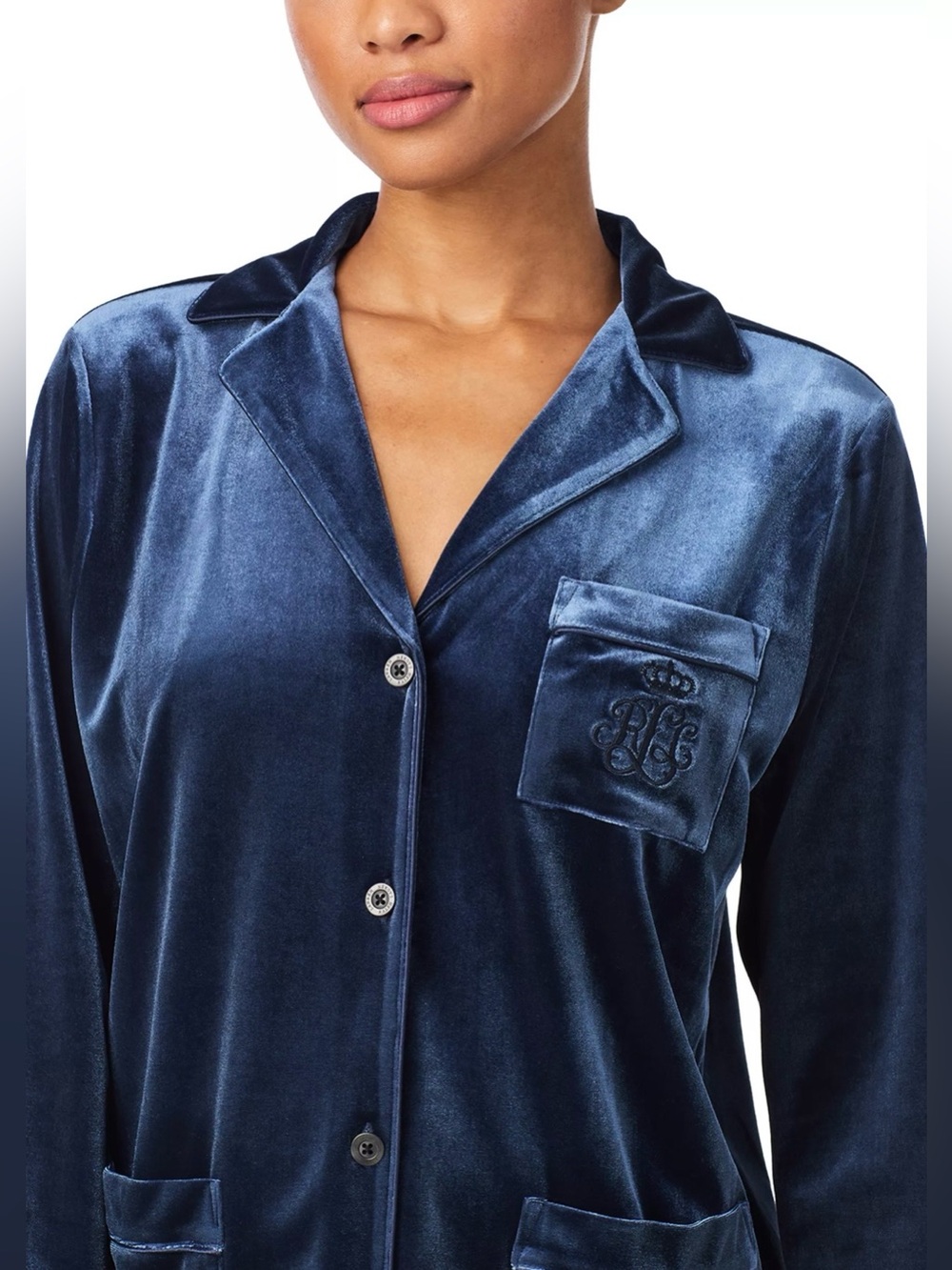Lauren Ralph Lauren NWT Blue 450Velvet Pajama Set  Long Sleeve Button Front PM